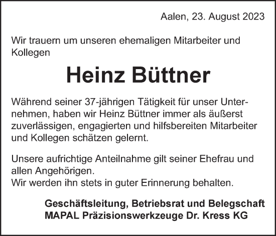 Traueranzeige von Heinz Büttner von Schwäbische Post