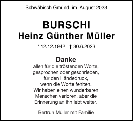 Traueranzeige von Heinz Günther Müller von Gmünder Tagespost