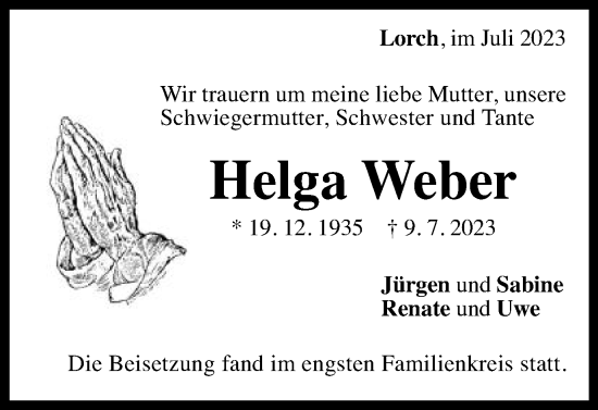 Traueranzeige von Helga Weber von Gmünder Tagespost