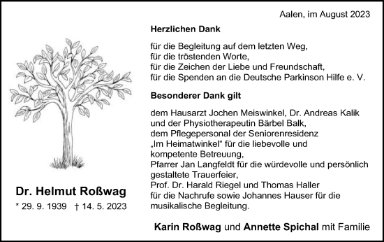 Traueranzeige von Helmut Roßwag von Schwäbische Post
