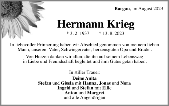 Traueranzeige von Hermann Krieg von Gmünder Tagespost