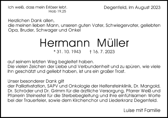 Traueranzeige von Hermann Müller von Gmünder Tagespost