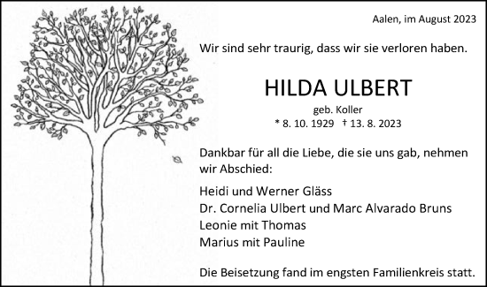Traueranzeige von Hilda Ulbert von Schwäbische Post