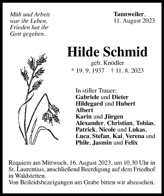 Traueranzeige von Hilde Schmid von Gmünder Tagespost
