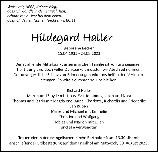 Traueranzeige von Hildegard Halle von Schwäbische Post