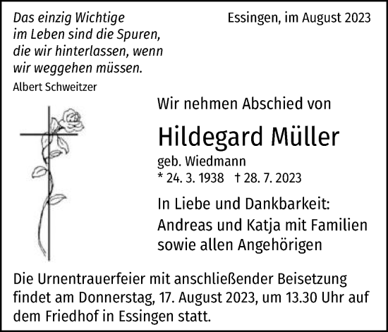 Traueranzeige von Hildegard Müller von Schwäbische Post