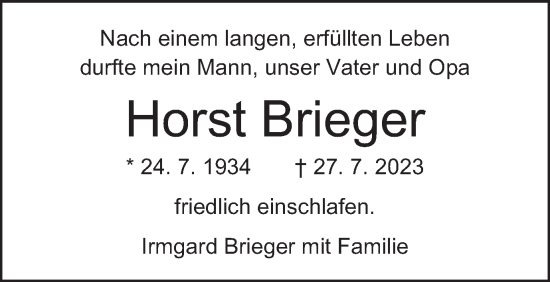 Traueranzeige von Horst Brieger von Gmünder Tagespost