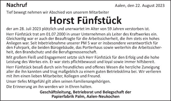 Traueranzeige von Horst Fünfstück von Schwäbische Post