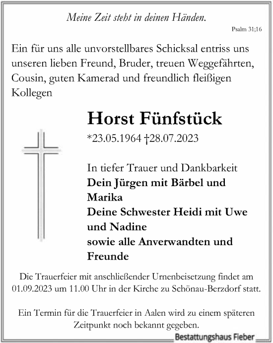 Traueranzeige von Horst Fünfstück von Schwäbische Post