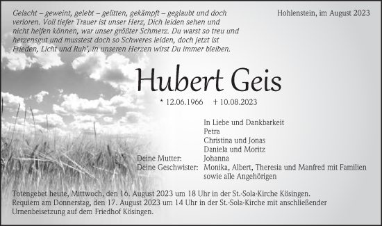 Traueranzeige von Hubert Geis von Schwäbische Post