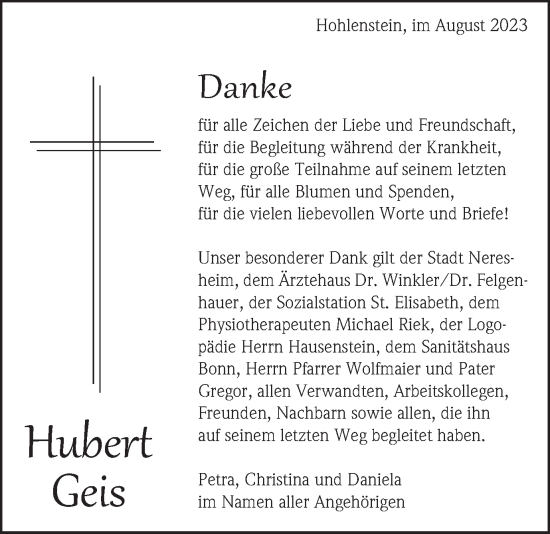 Traueranzeige von Hubert Geis von Schwäbische Post