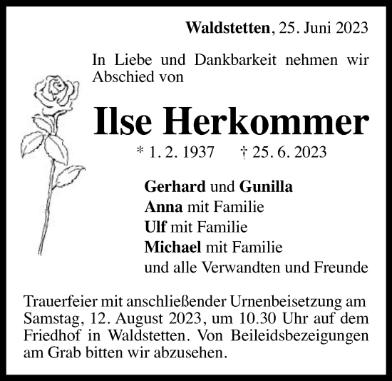 Traueranzeige von Ilse Herkommer von Gmünder Tagespost