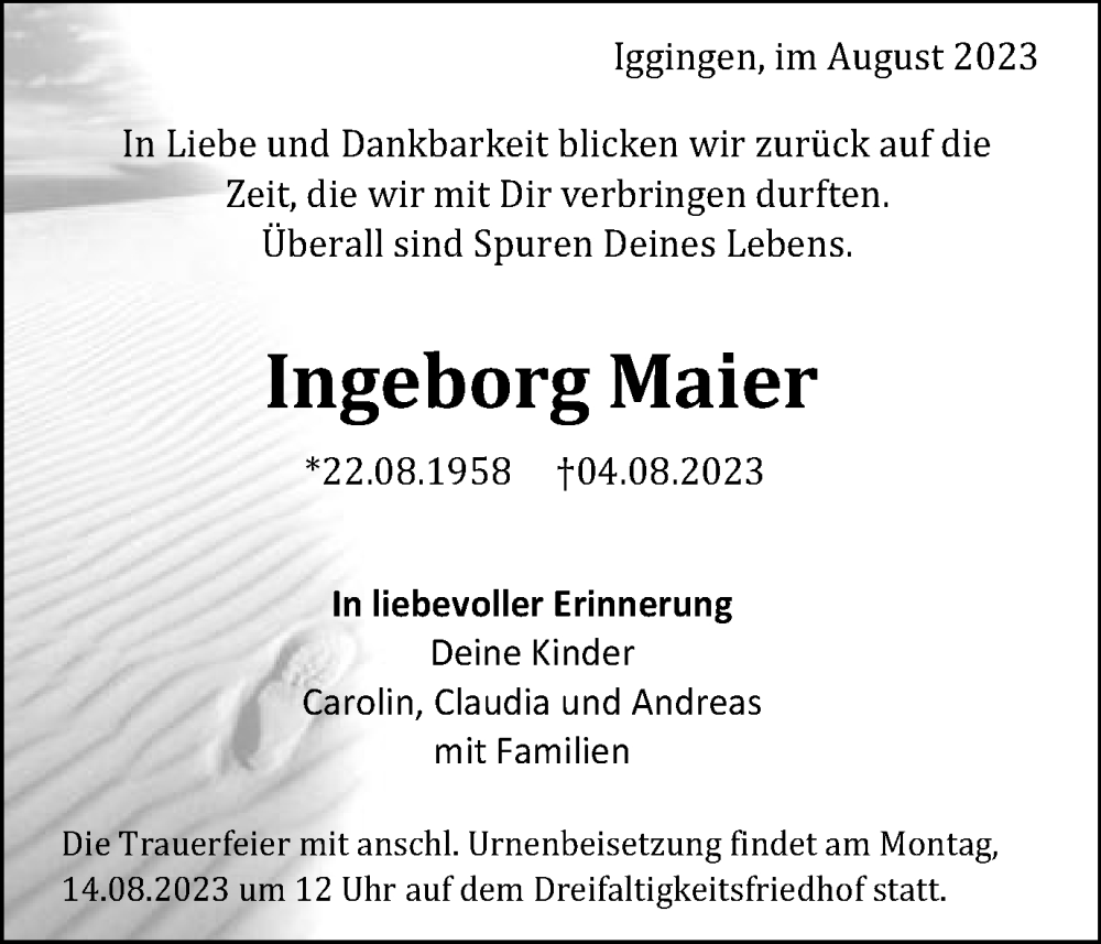  Traueranzeige für Ingeborg Maier vom 12.08.2023 aus Gmünder Tagespost