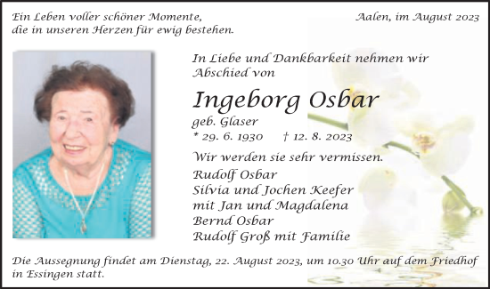 Traueranzeige von Ingeborg Osbar von Schwäbische Post