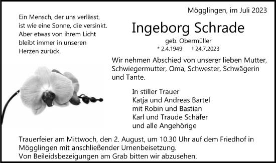 Traueranzeige von Ingeborg Schrade von Gmünder Tagespost