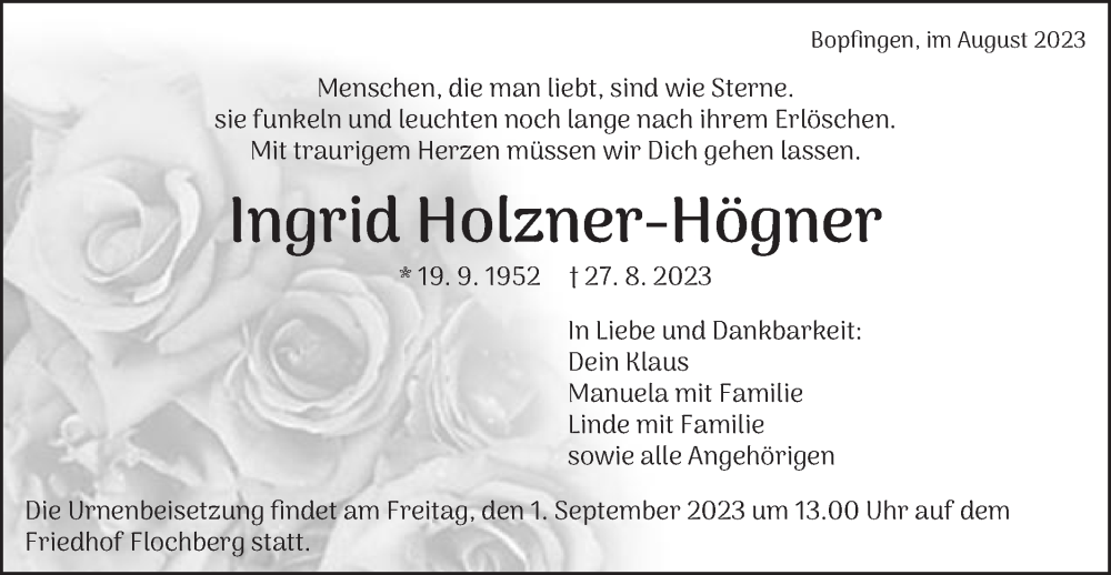  Traueranzeige für Ingrid Holzner-Högner vom 30.08.2023 aus Schwäbische Post
