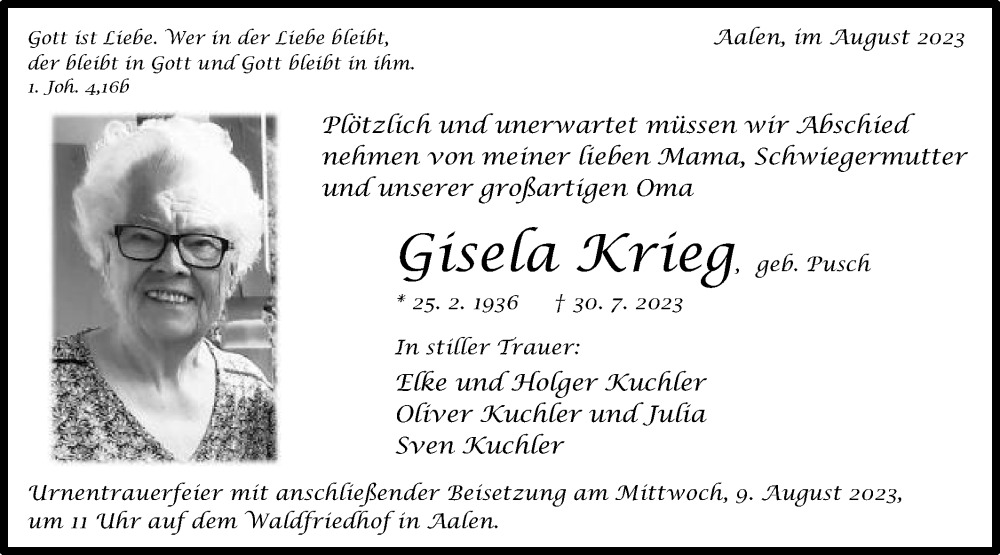  Traueranzeige für InsGisela Krieg vom 07.08.2023 aus Schwäbische Post
