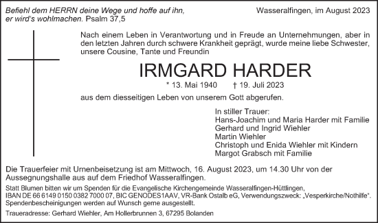 Traueranzeige von Irmgard Harder von Schwäbische Post