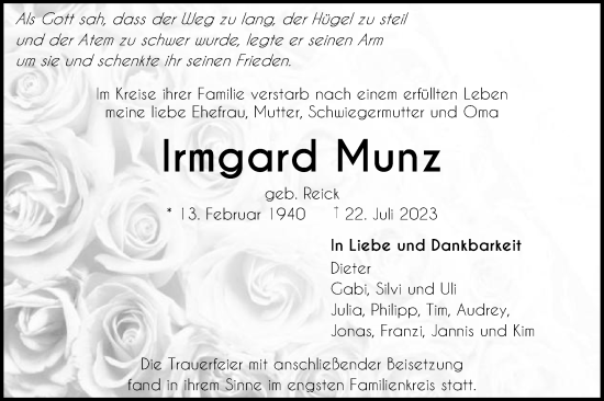 Traueranzeige von Irmgard Munz von Gmünder Tagespost