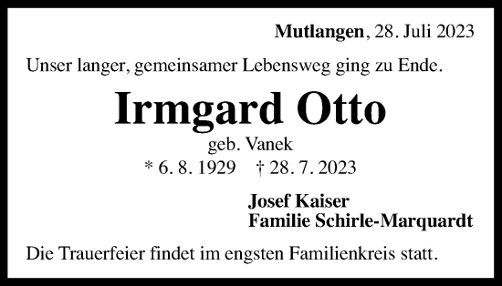Traueranzeige von Irmgard Otto von Gmünder Tagespost