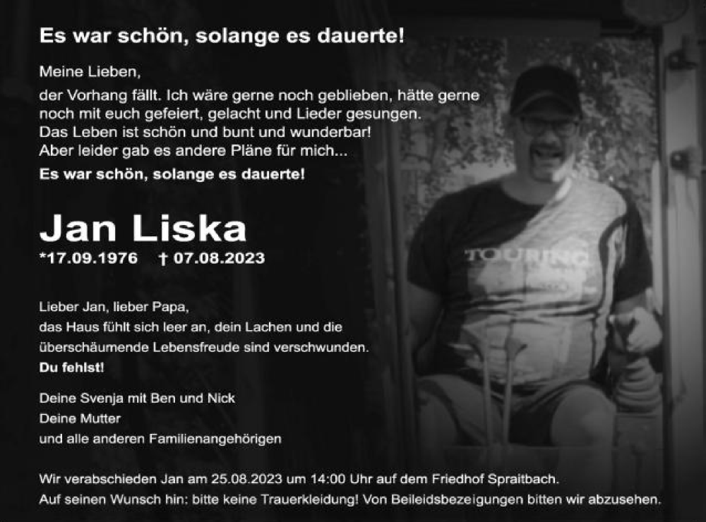  Traueranzeige für Jan Liska vom 16.08.2023 aus Gmünder Tagespost