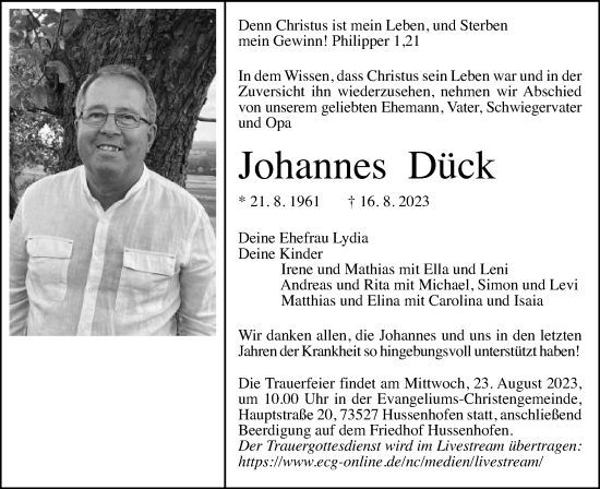 Traueranzeige von Johannes Dück von Gmünder Tagespost