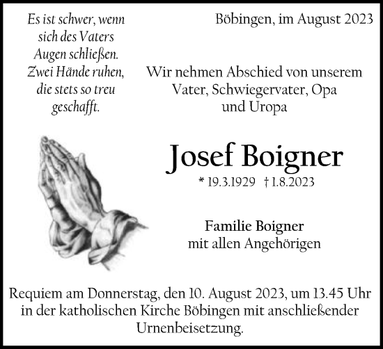 Traueranzeige von Josef Boigner von Gmünder Tagespost