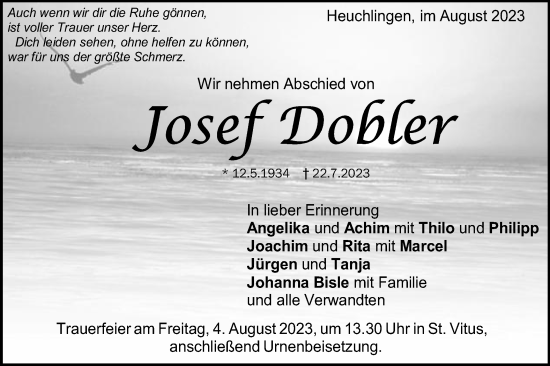 Traueranzeige von Josef Dobler von Schwäbische Post