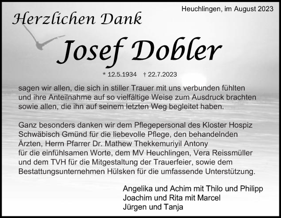 Traueranzeige von Josef Dobler von Schwäbische Post