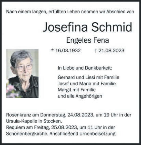 Traueranzeige von Josefina Schmid von Schwäbische Post