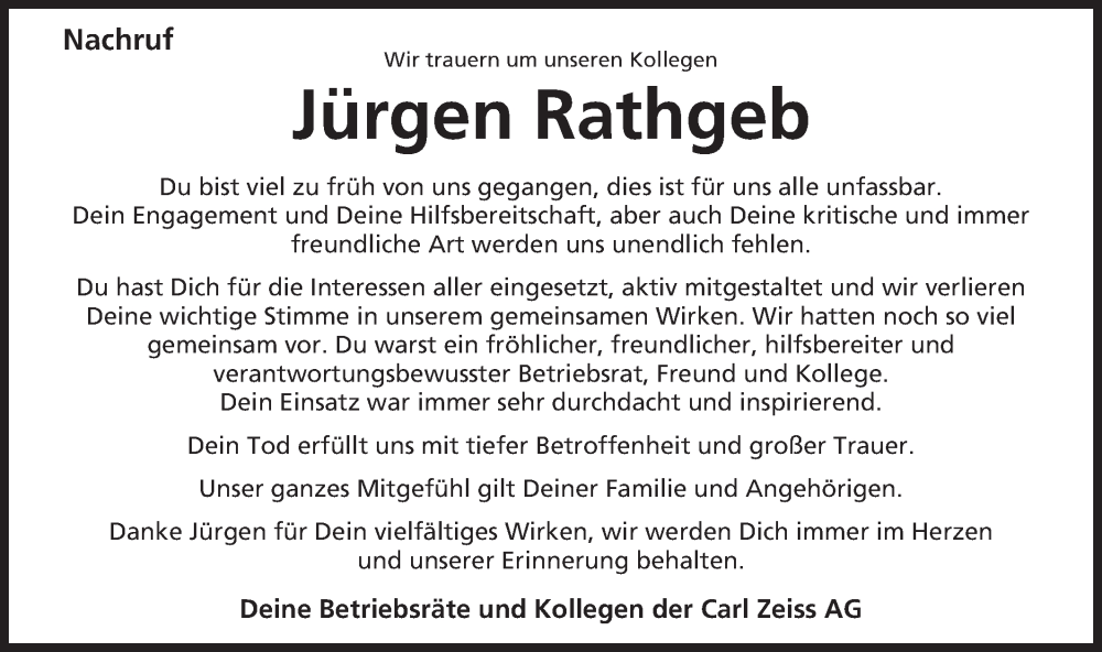  Traueranzeige für Jürgen Rathgeb vom 26.08.2023 aus Schwäbische Post