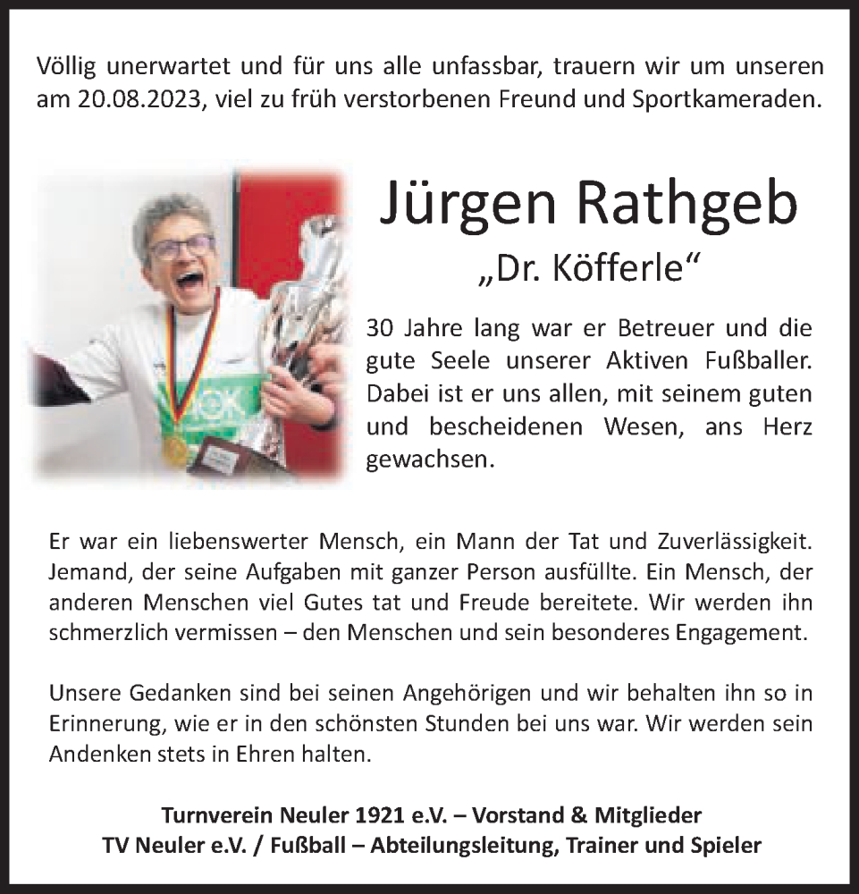  Traueranzeige für Jürgen Rathgeb vom 26.08.2023 aus Schwäbische Post