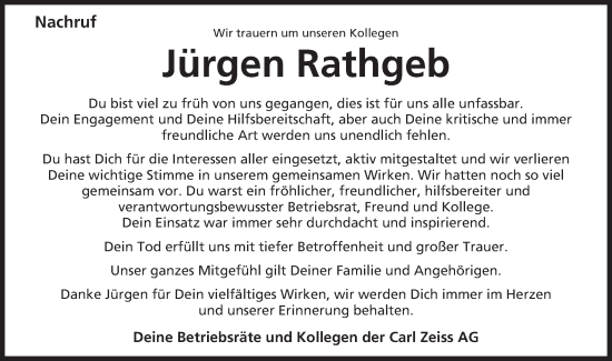 Traueranzeige von Jürgen Rathgeb von Schwäbische Post