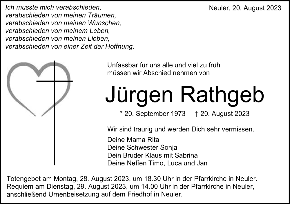  Traueranzeige für Jürgen Rathgeb vom 26.08.2023 aus Schwäbische Post