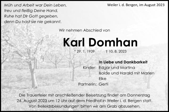 Traueranzeige von Karl Domhan von Gmünder Tagespost