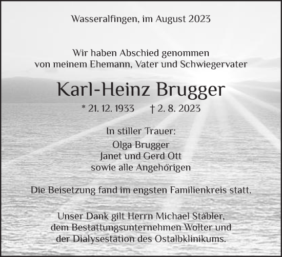 Traueranzeige von Karl-Heinz Brugger von Schwäbische Post