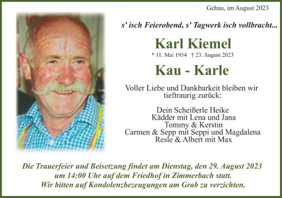 Traueranzeige von Karl Kiemel von Gmünder Tagespost