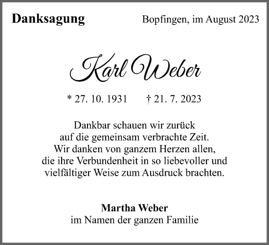 Traueranzeige von Karl Weber von Schwäbische Post