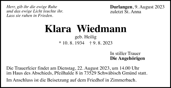 Traueranzeige von Klara Wiedmann
