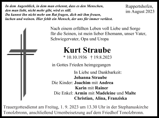 Traueranzeige von Kurt Straube von Gmünder Tagespost