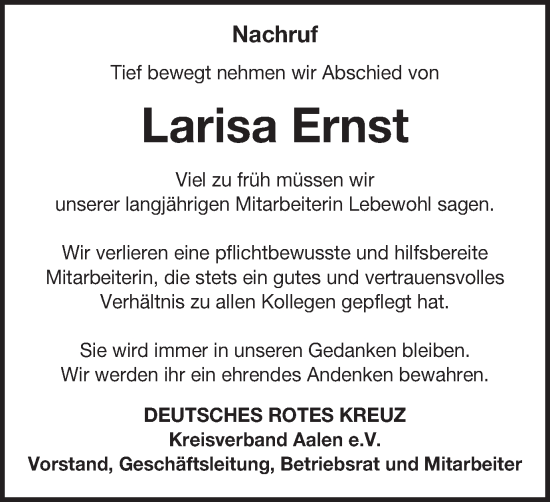 Traueranzeige von Larisa Ernst von Schwäbische Post