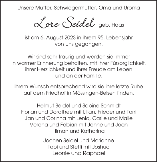 Traueranzeige von Lore Seidel von Schwäbische Post