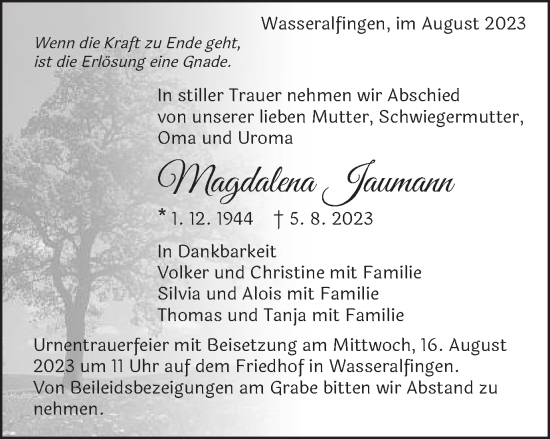 Traueranzeige von Magdalena Jaumann von Schwäbische Post