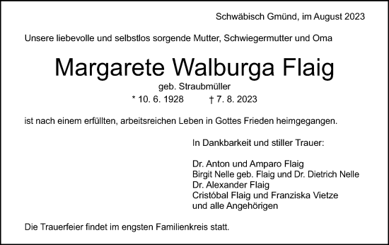 Traueranzeige von Margarete Walburga Flaig von Gmünder Tagespost