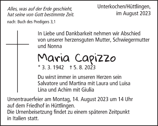 Traueranzeige von Maria Capizzo von Schwäbische Post