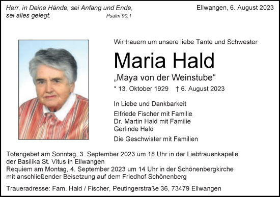 Traueranzeige von Maria Hald von Schwäbische Post