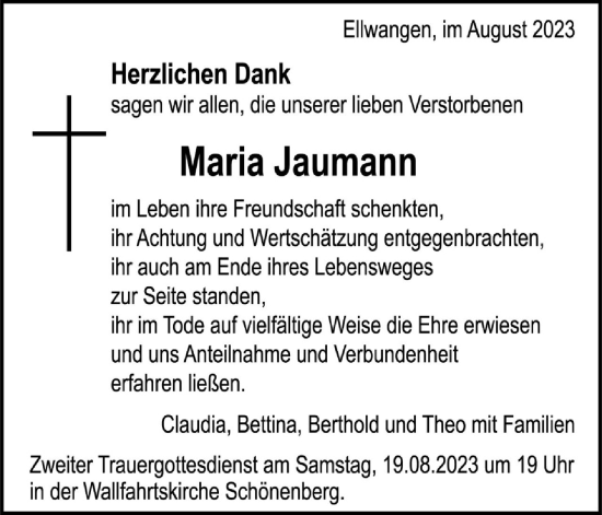 Traueranzeige von Maria Jaumann von Schwäbische Post
