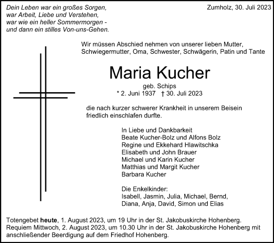 Traueranzeige von Maria Kucher von Schwäbische Post