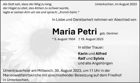 Traueranzeige von Maria Petri von Schwäbische Post