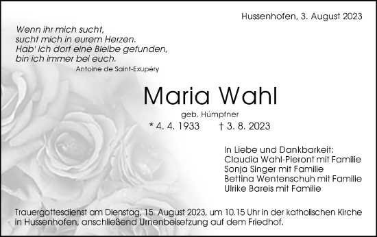 Traueranzeige von Maria Wahl von Gmünder Tagespost